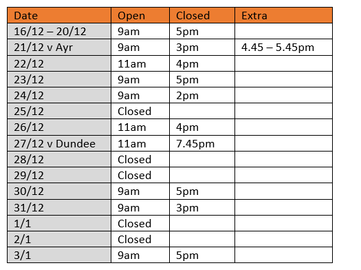 table showing opening hours over festive period